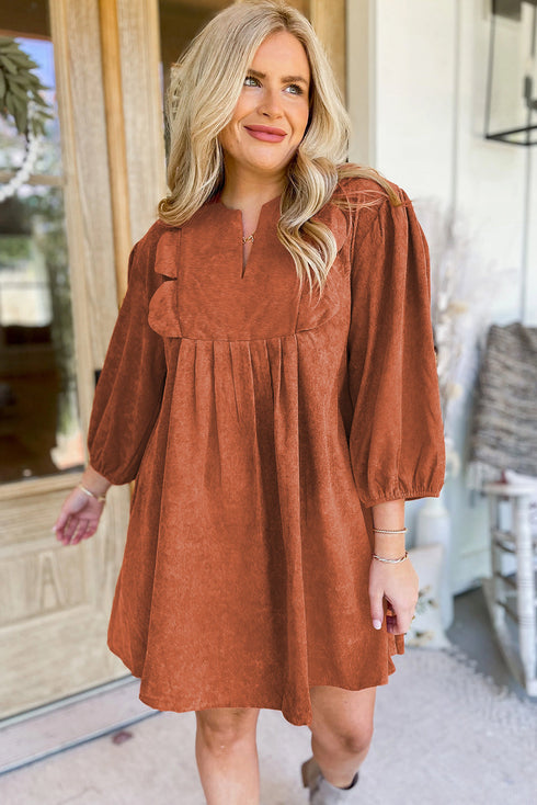 Bracelet Sleeve Split Neck Scallop Detail Pleated Corduroy Mini Dress